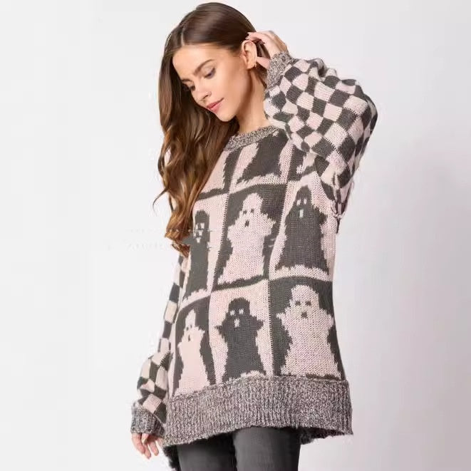 Halloween Ghost Plaid Crew Neck Sweater