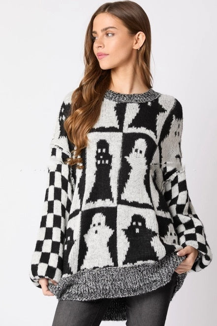 Halloween Ghost Plaid Crew Neck Sweater