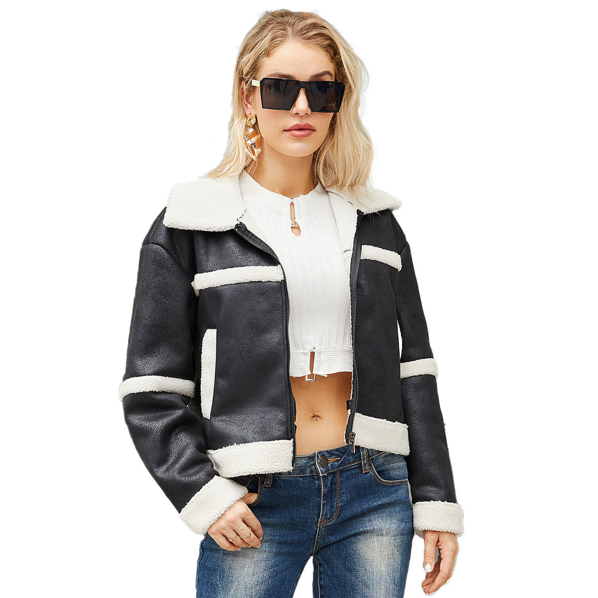 Women's Fashionable Warm Fleece Leather Jacket