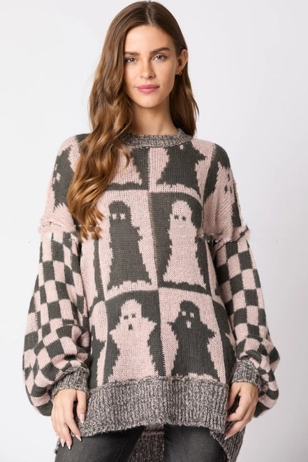 Halloween Ghost Plaid Crew Neck Sweater